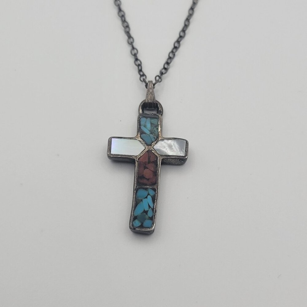 Zuni Cross Necklace Turquoise Mother of Pearl Coral Inlay Sterling Native small